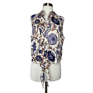 Nicole Miller Top Women Large Sleeveless Button Front Tie Collared Floral Design